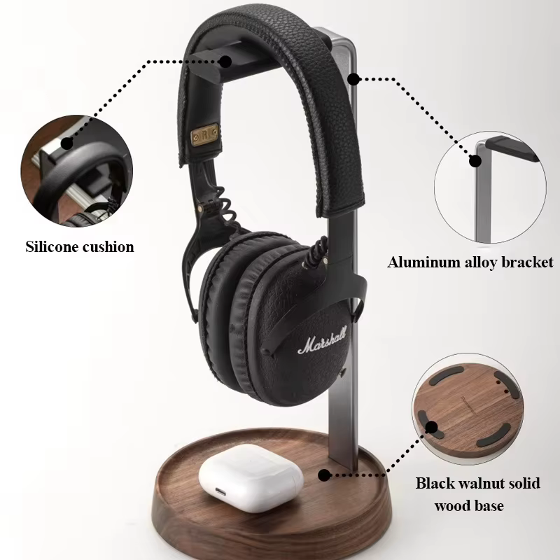 Soporte de madera para auriculares con base de aluminio - imagen 3
