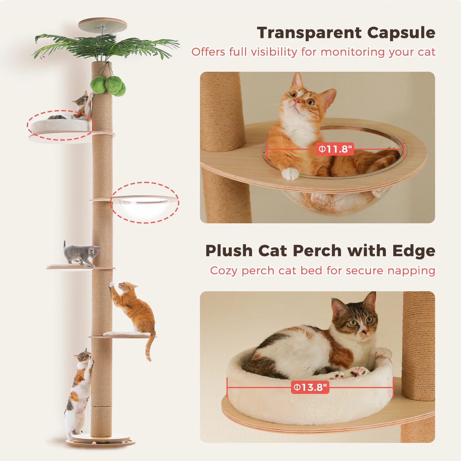 Torre para Gatos de Piso a Techo con Rascador y Cama – Árbol Ajustable - imagen 5