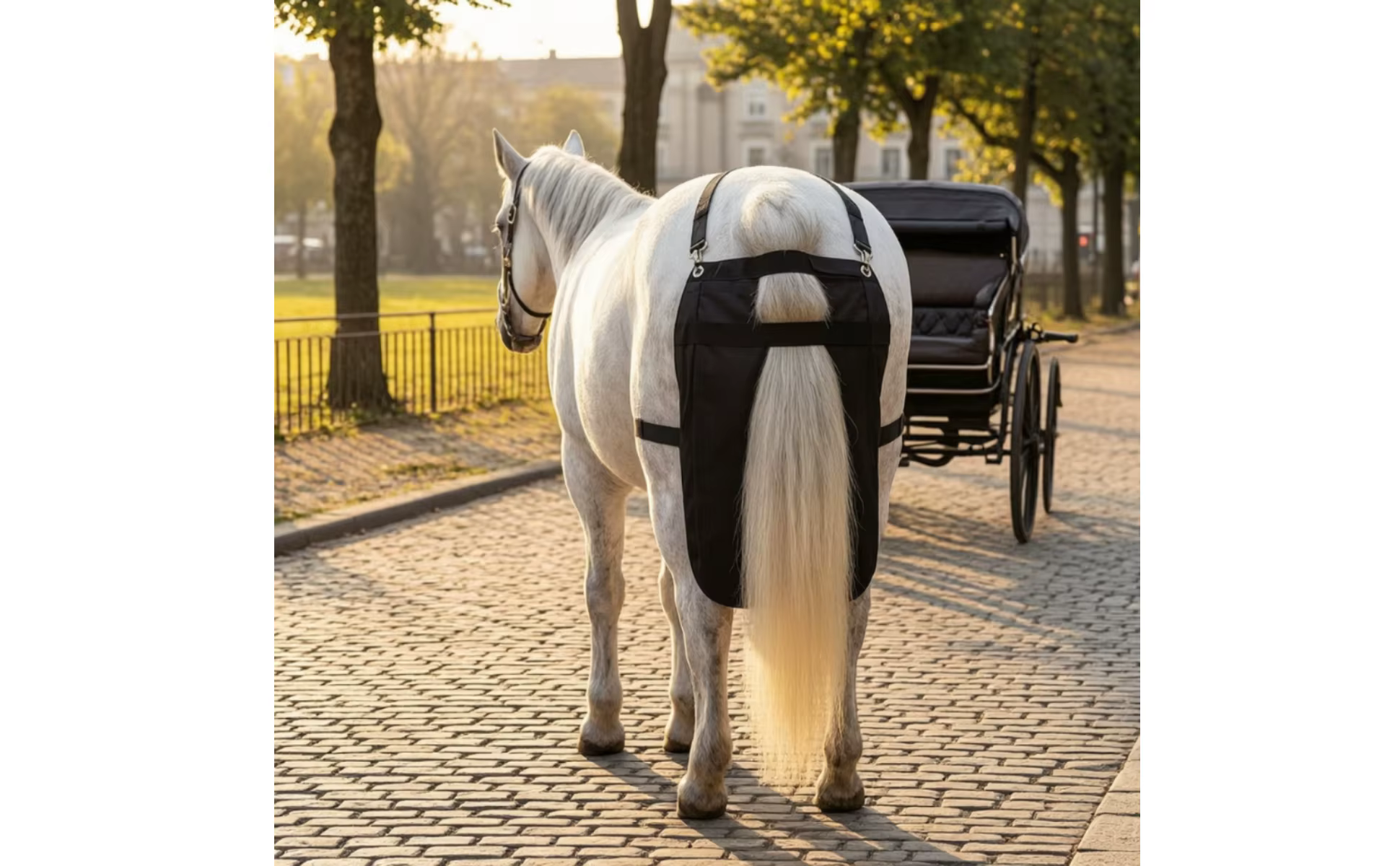 Vista frontal de la bolsa recolectora montada en el caballo
