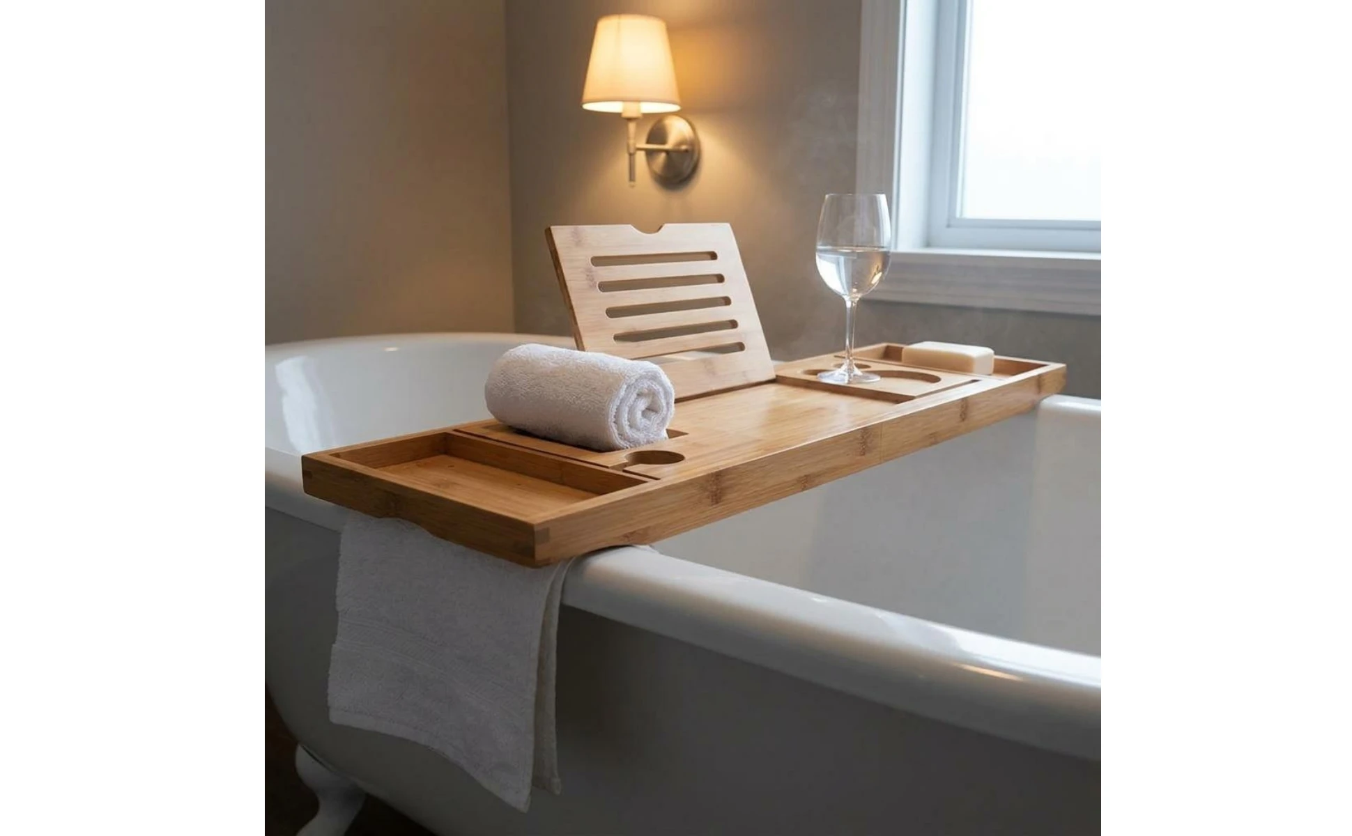 Bandeja de baño de madera con acabado natural