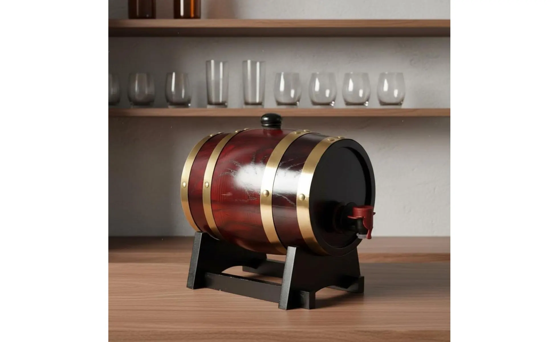 Barril vintage de roble natural con soporte y aspecto artesanal