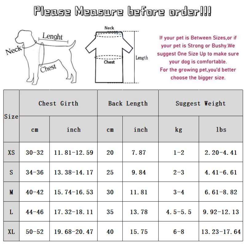 Tabla de tallas del vestido para perro