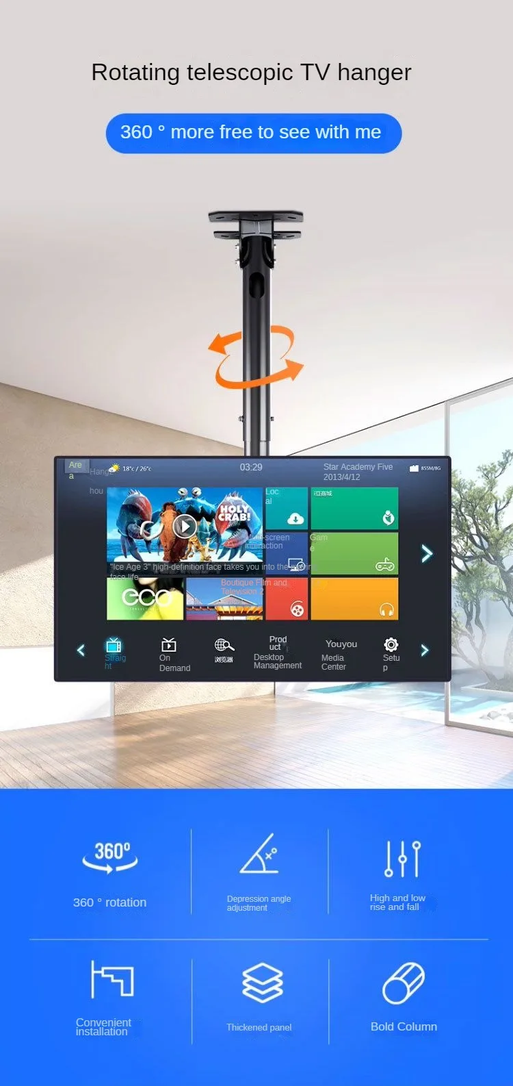 Instalación de soporte para TV de techo en salón moderno