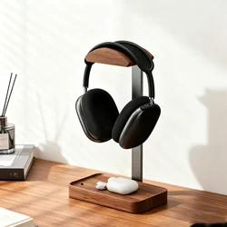 Soporte de auriculares de madera maciza nogal negro con base de aluminio