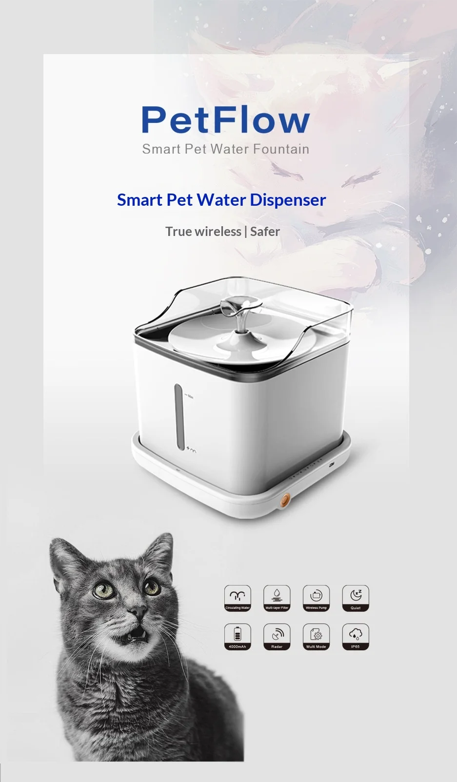 Bebedero inalámbrico para mascotas con diseño compacto