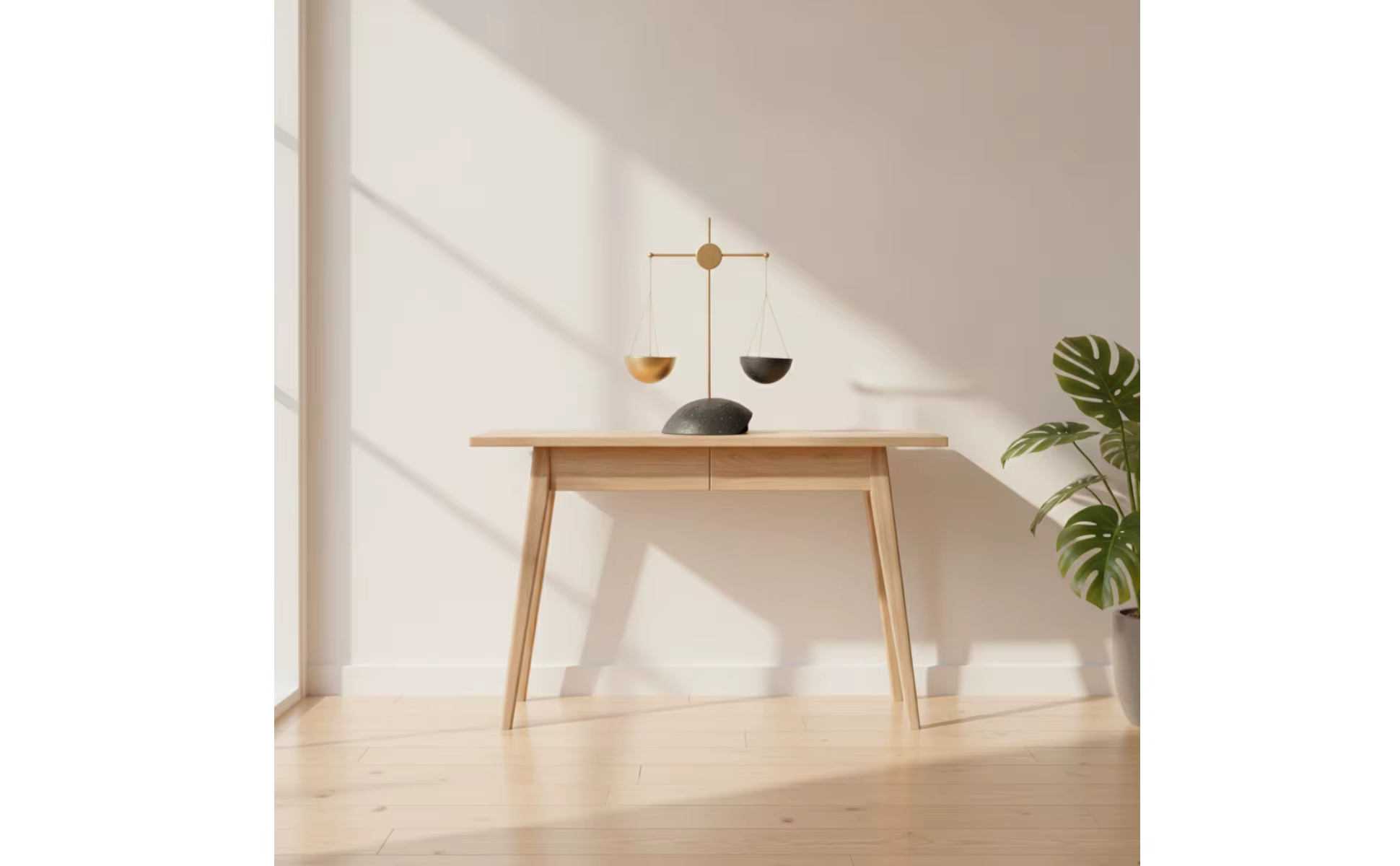 Báscula de equilibrio decorativa escultórica en tonos dorado y negro