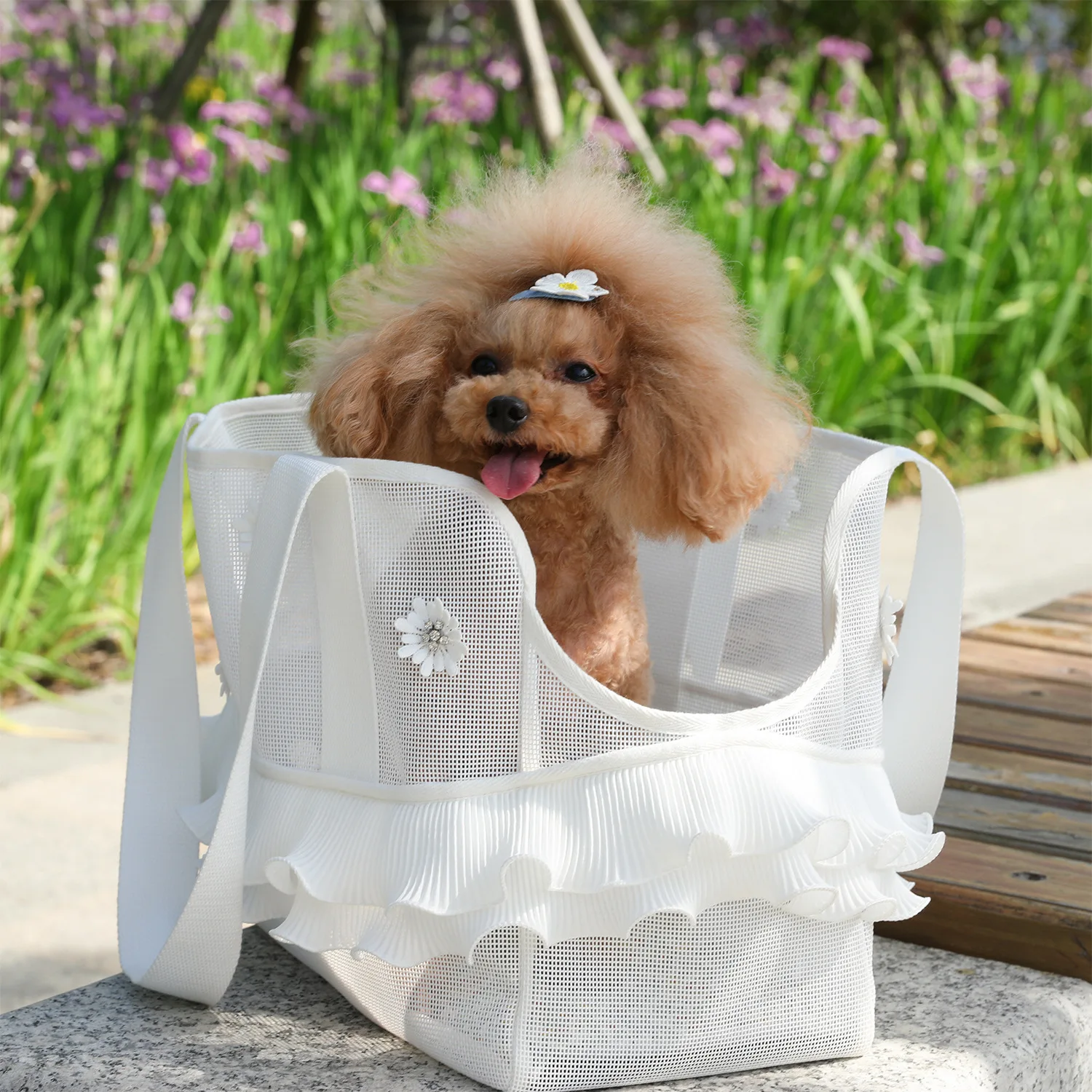 Bolso transportín de malla con volantes para mascotas pequeñas