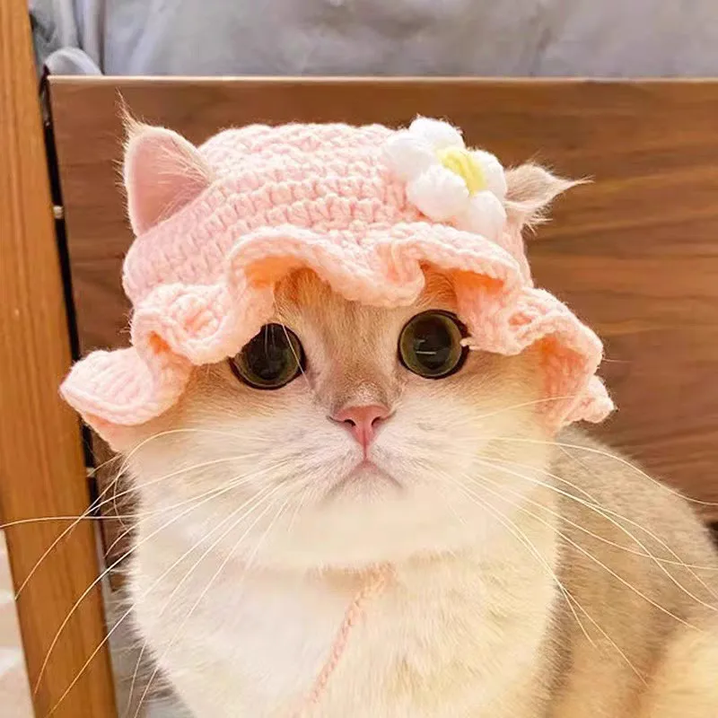 Gorro ganchillo con flores para gatos y perros pequeños - imagen 2