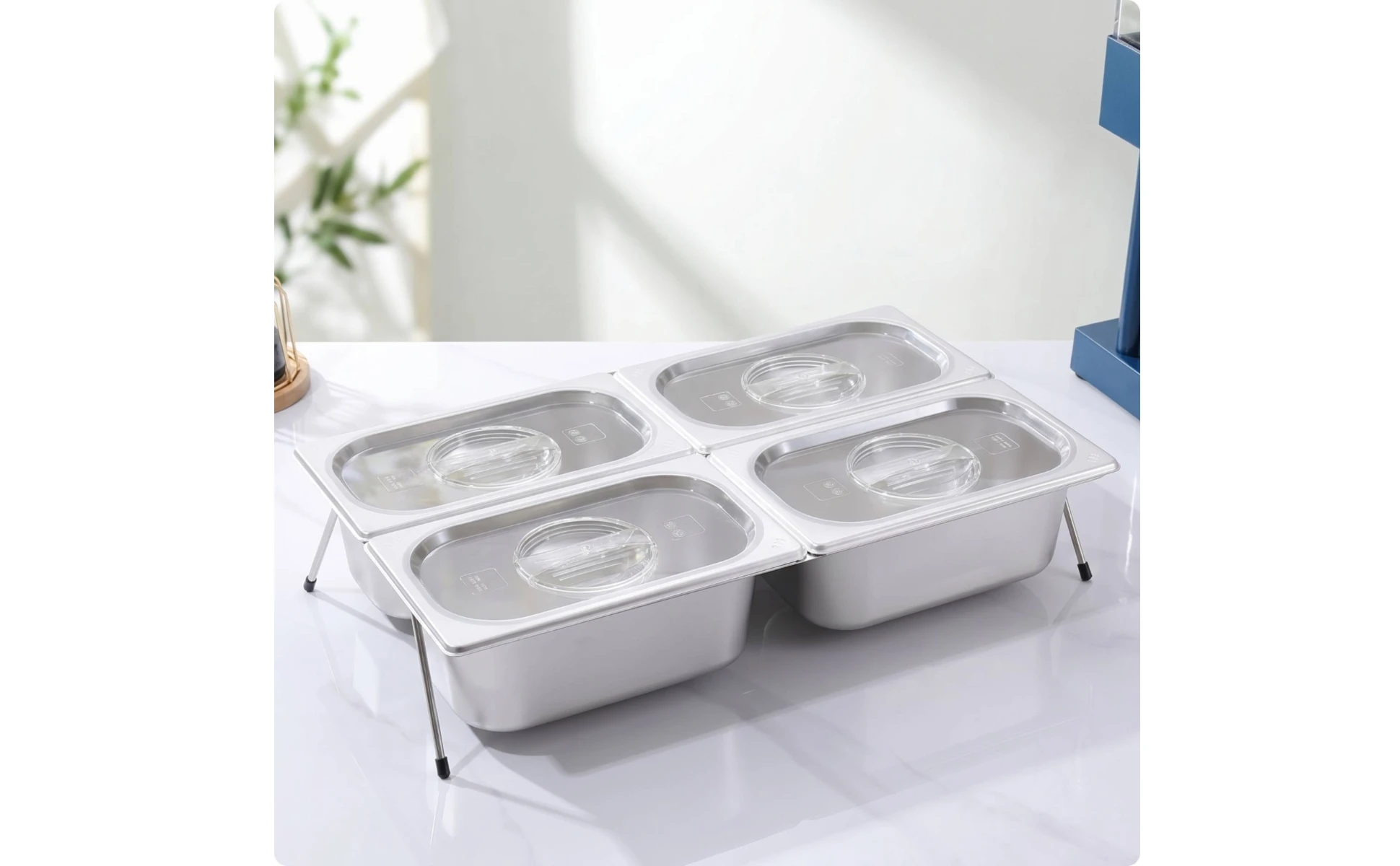 Bandeja de cuatro compartimentos con tapa transparente sobre soporte metálico