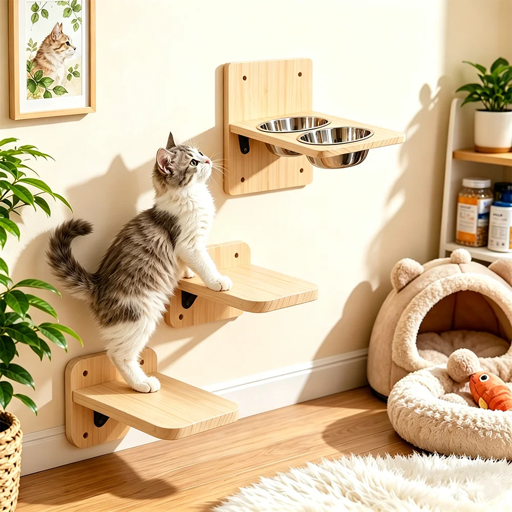 Comedero de pared para gatos con estante y tazones de acero - imagen 2