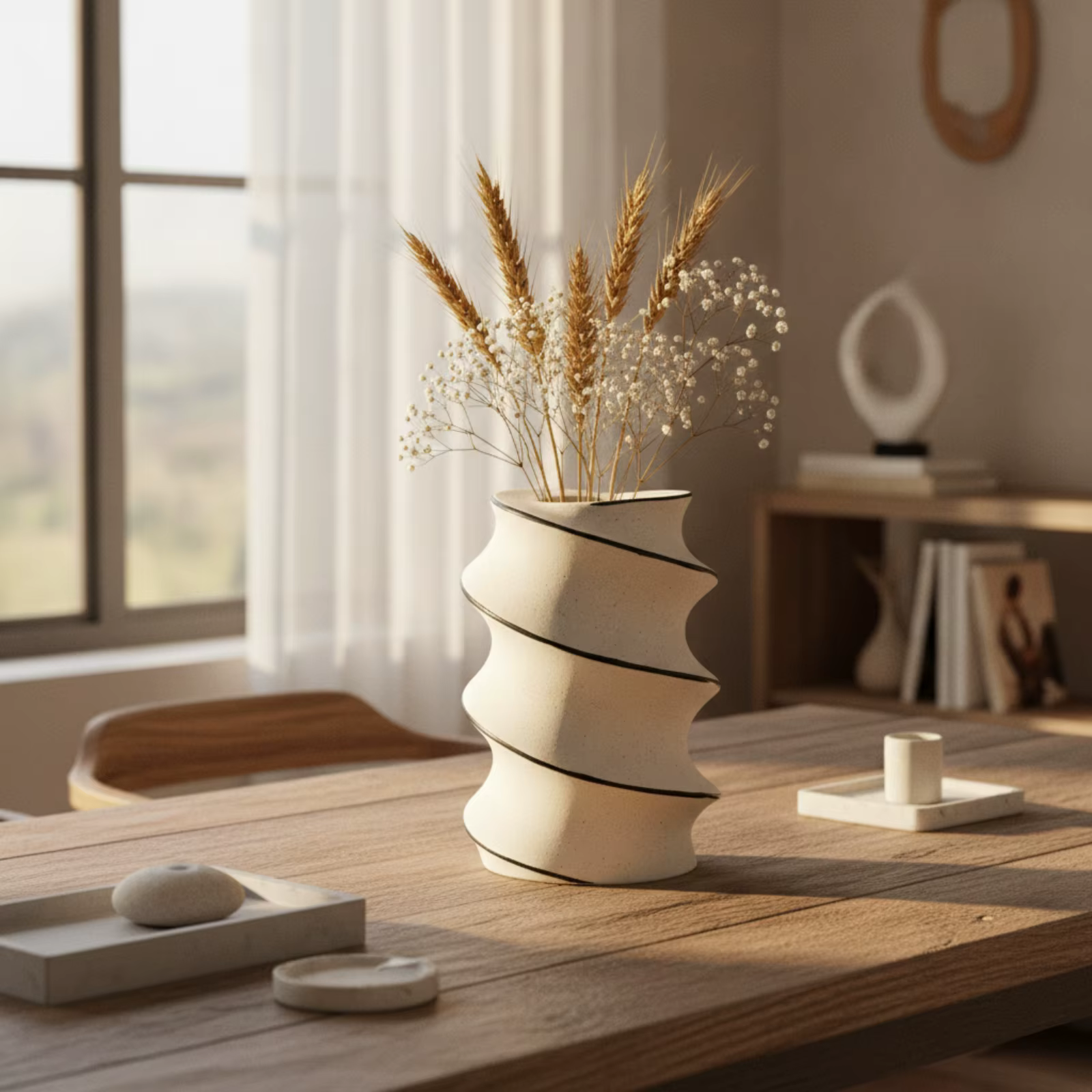 Jarrón escultural minimalista en espiral blanco neutro para casa - imagen 5