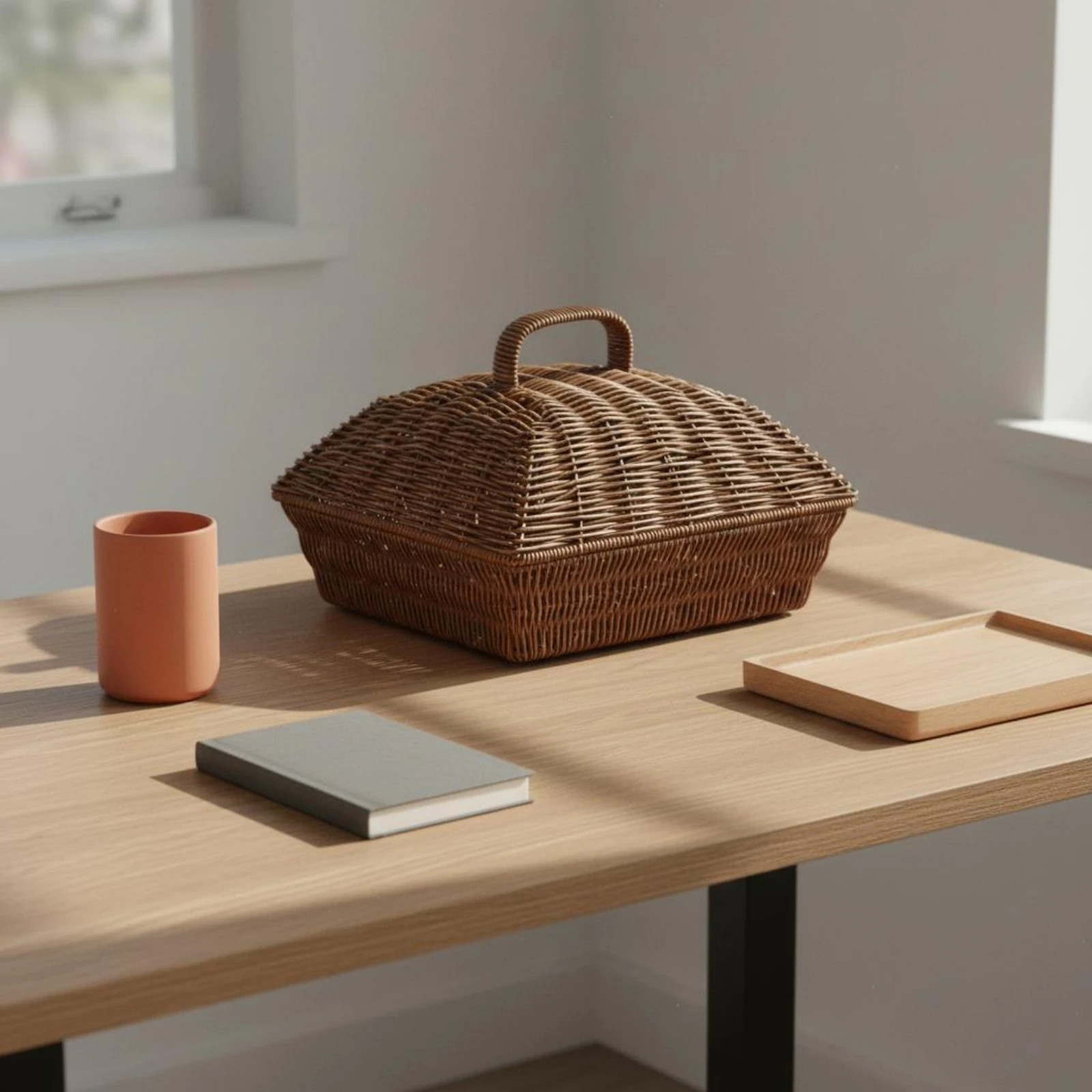 Cesta de pan con tapa de mimbre redonda, artesanal para cocina - imagen 5