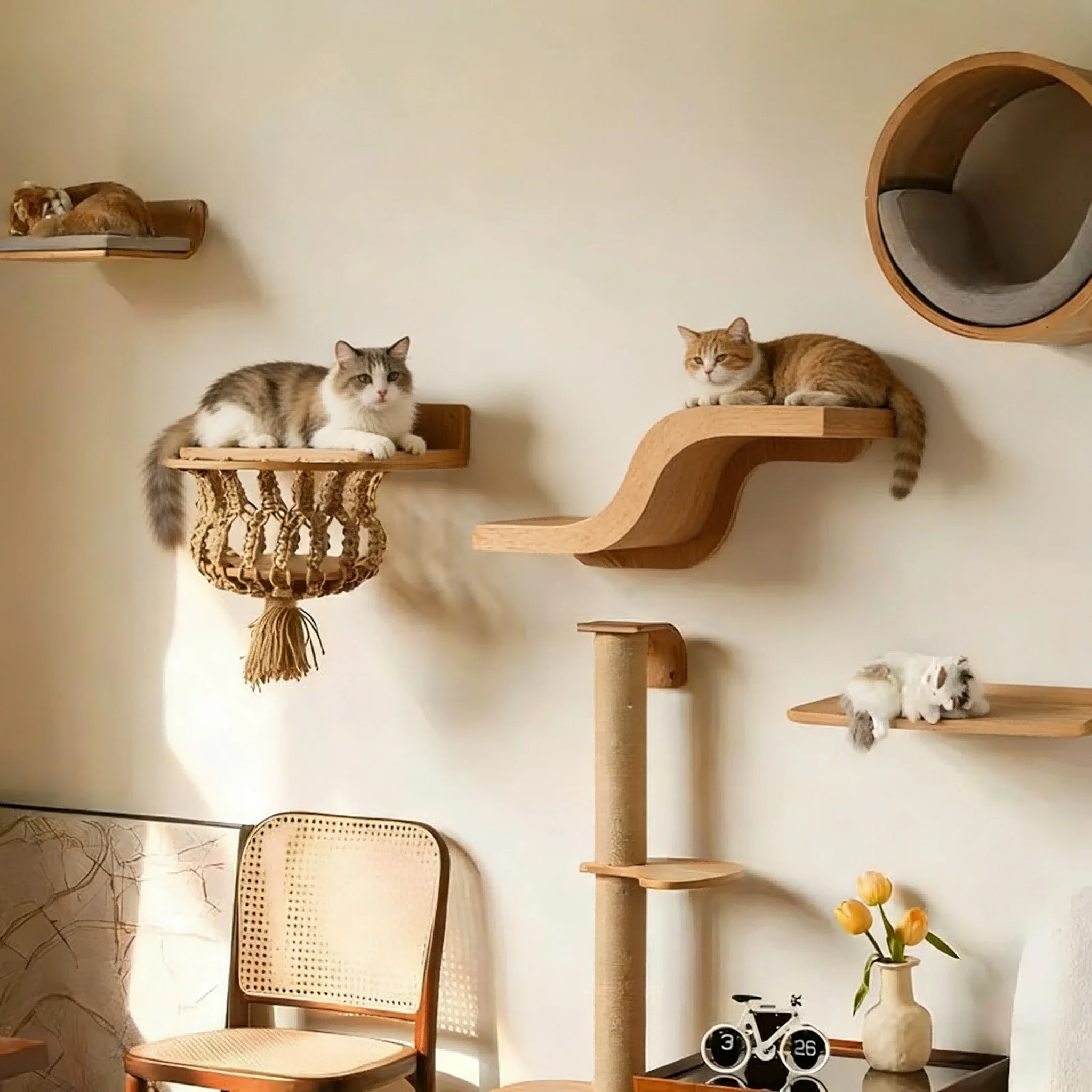 Gato jugando con estantes de pared