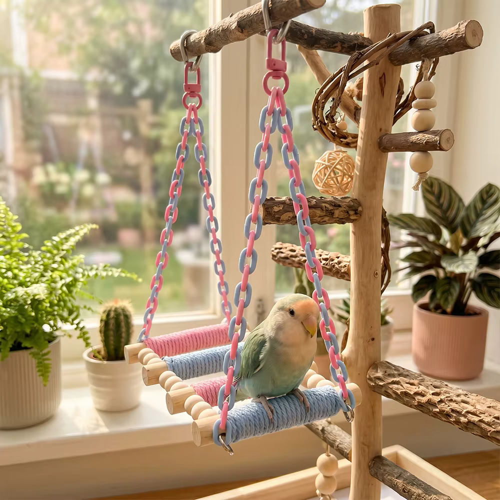 Columpio para loros de cuerda y madera, juguete colgante de jaula - imagen 2