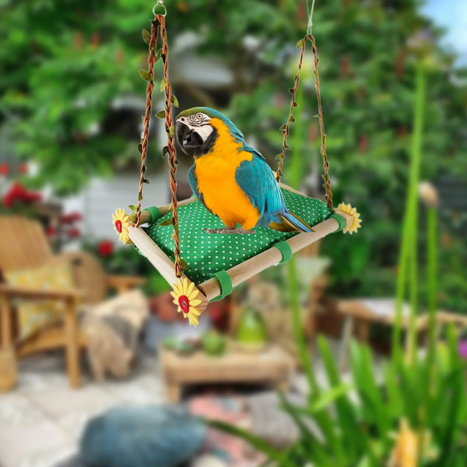 Hamaca colgante para pájaros con soporte de madera y perchas