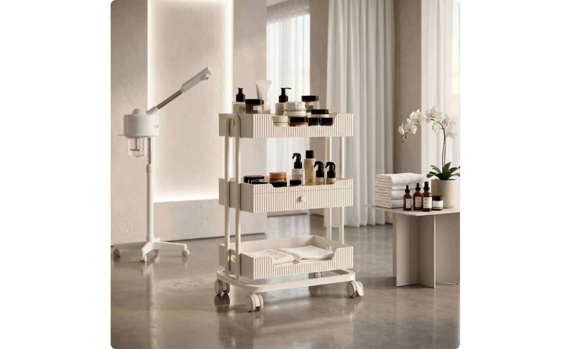 Uso práctico del carrito en salón de belleza profesional