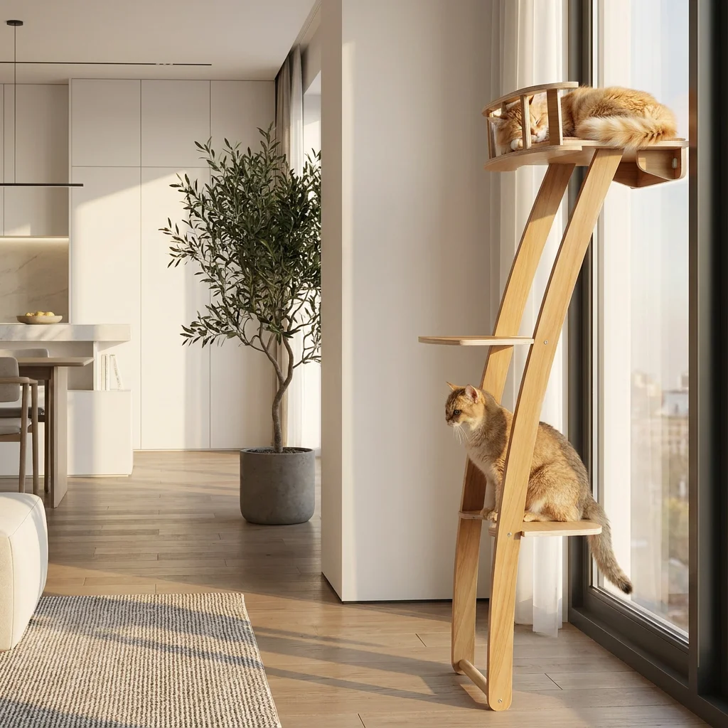 Torre rascador de madera para gatos de interior con tobogán y percha - imagen 4