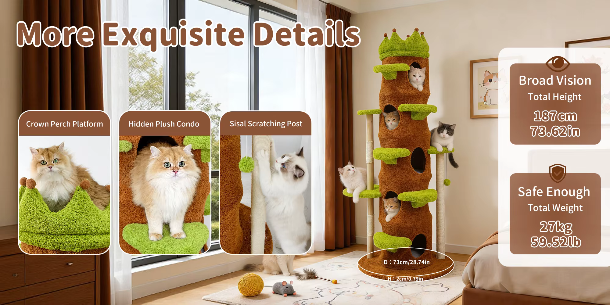 Detalle de los condominios y escalones del árbol para gatos