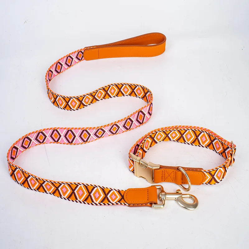 Conjunto collar y correa perro jacquard boho antitirones PU