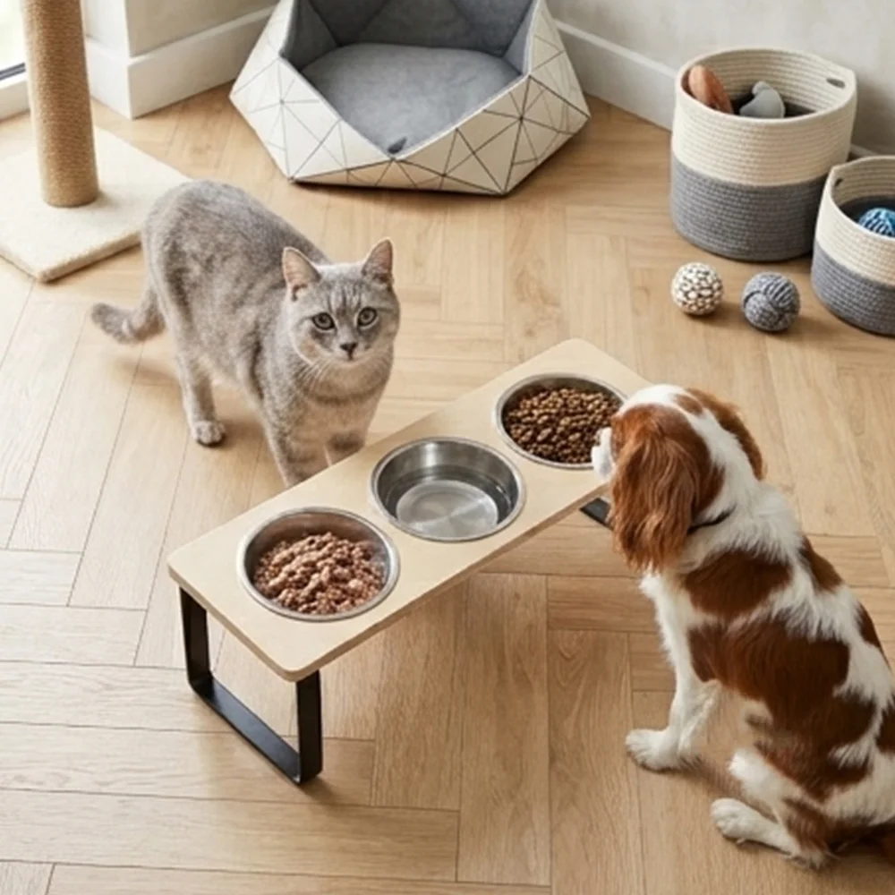 Comedero elevado de madera para gatos y perros pequeños con cuencos