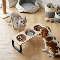 Comedero elevado de madera para gatos y perros pequeños con cuencos