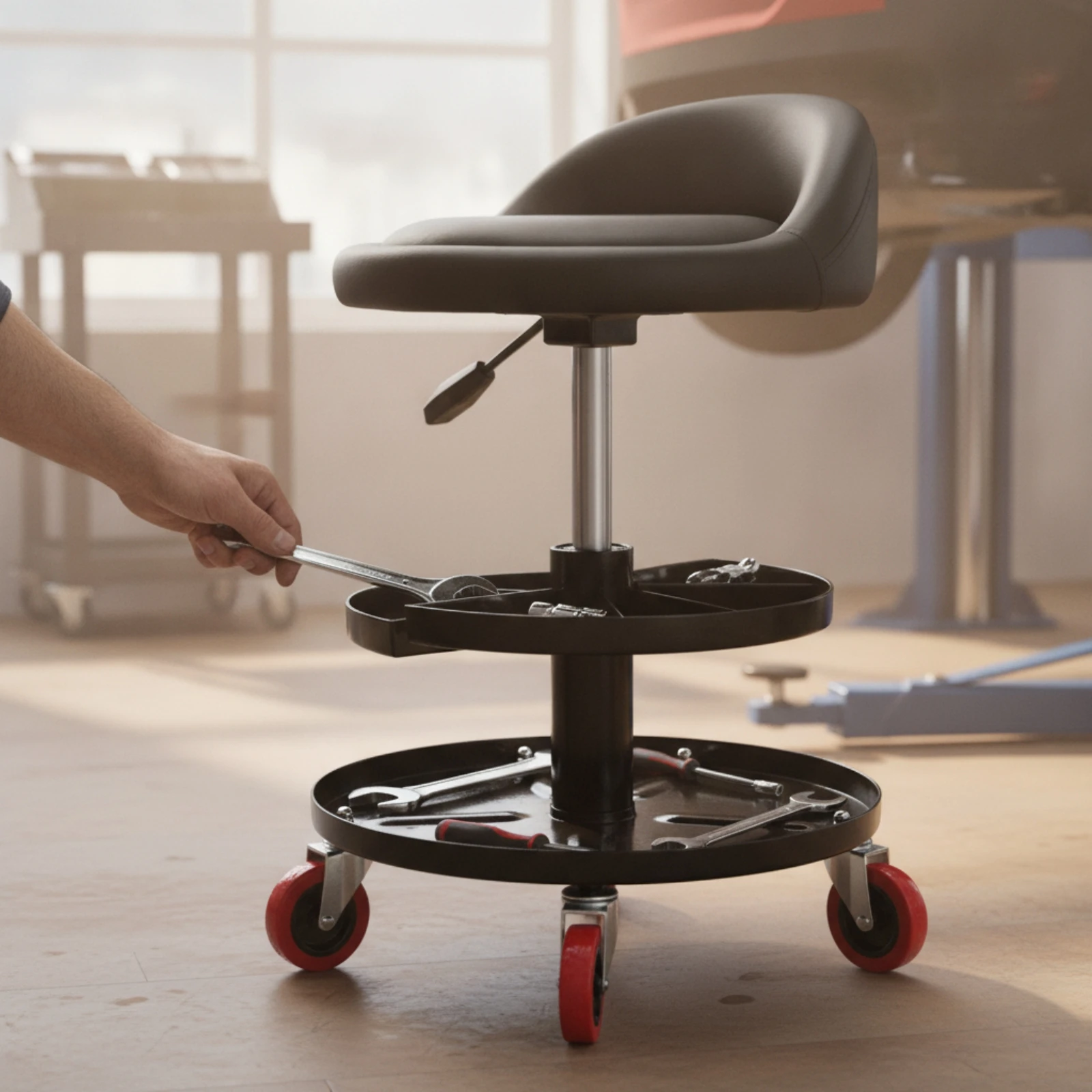 Taburete de taller ergonómico con ruedas y bandeja para herramientas