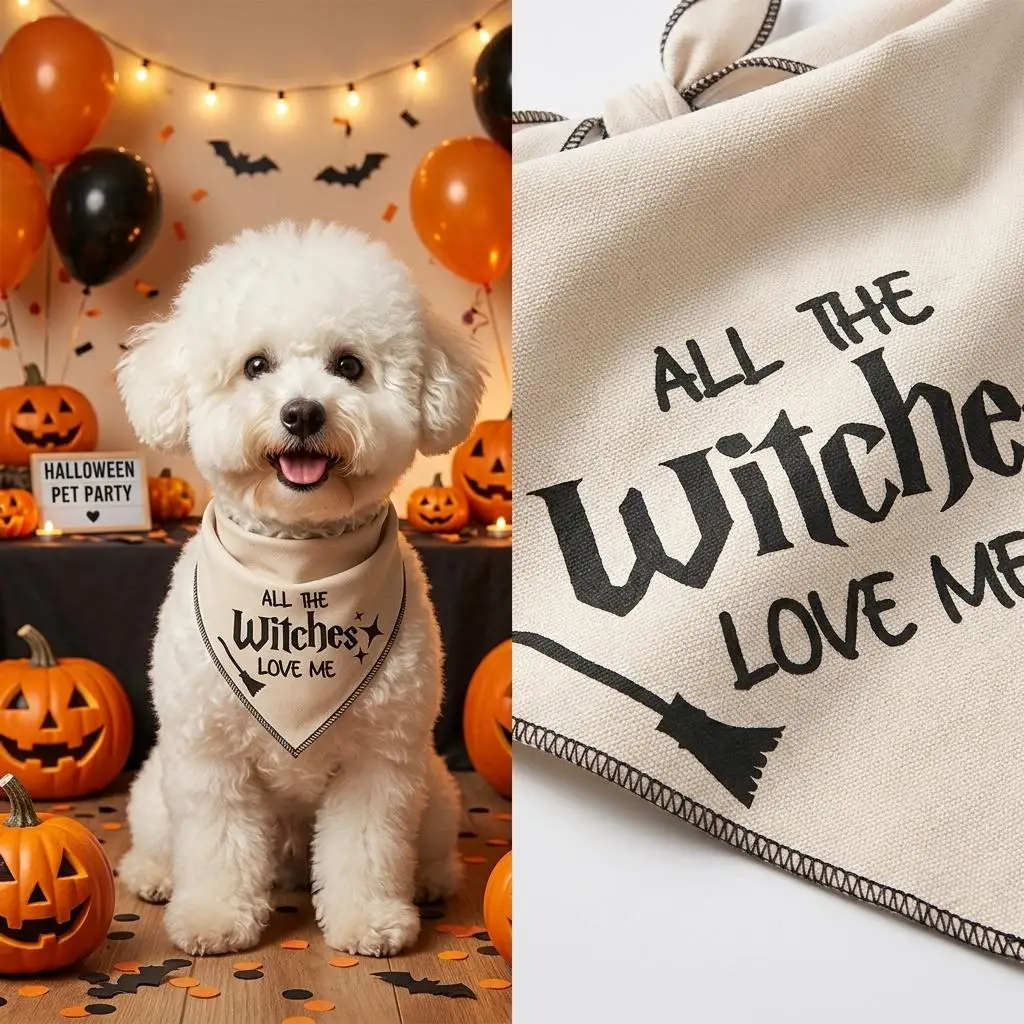 Perro luciendo el pañuelo de Halloween en exteriores
