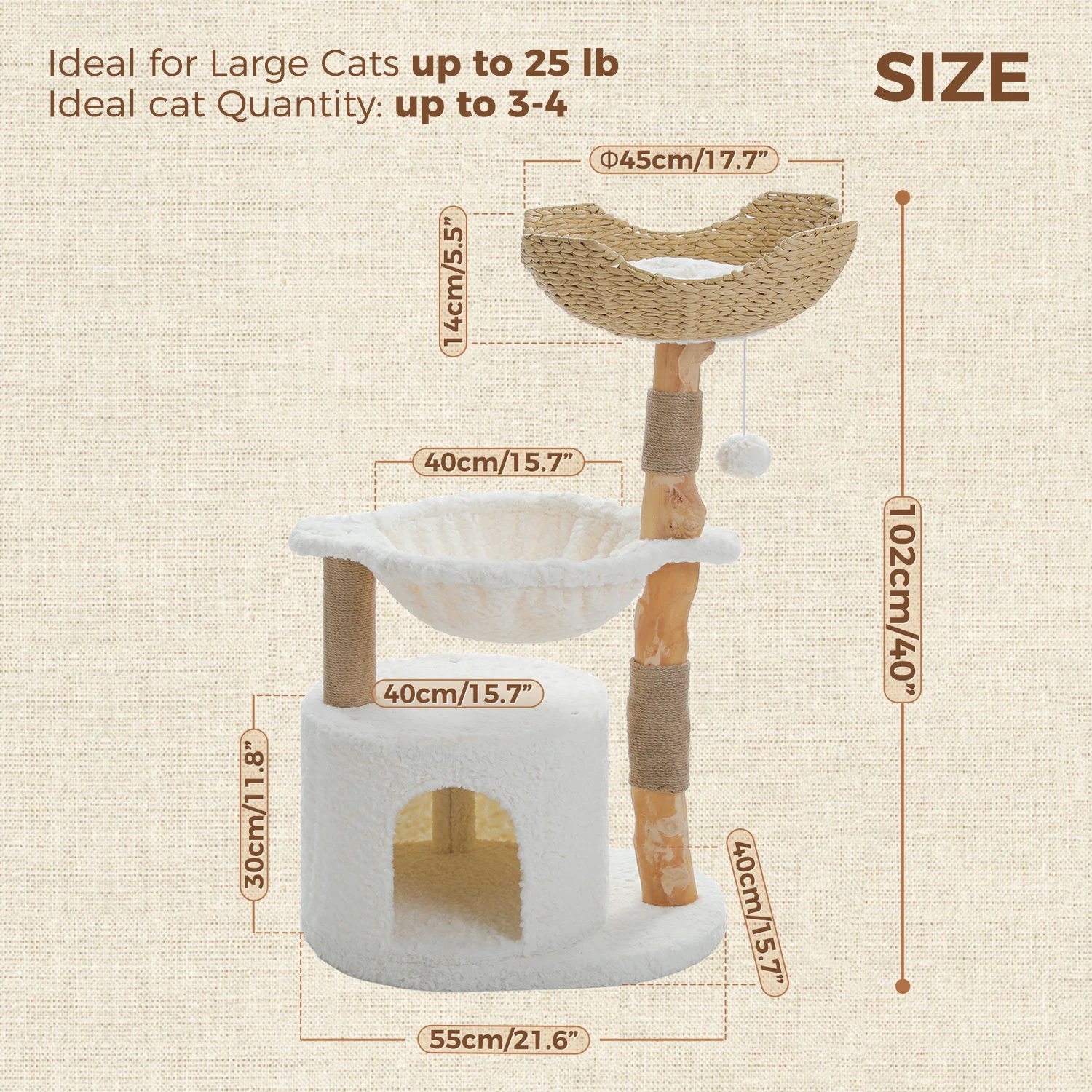 Torre para Gatos con Hamaca y Cesta de Mimbre – Móvil de Madera Natural - imagen 2
