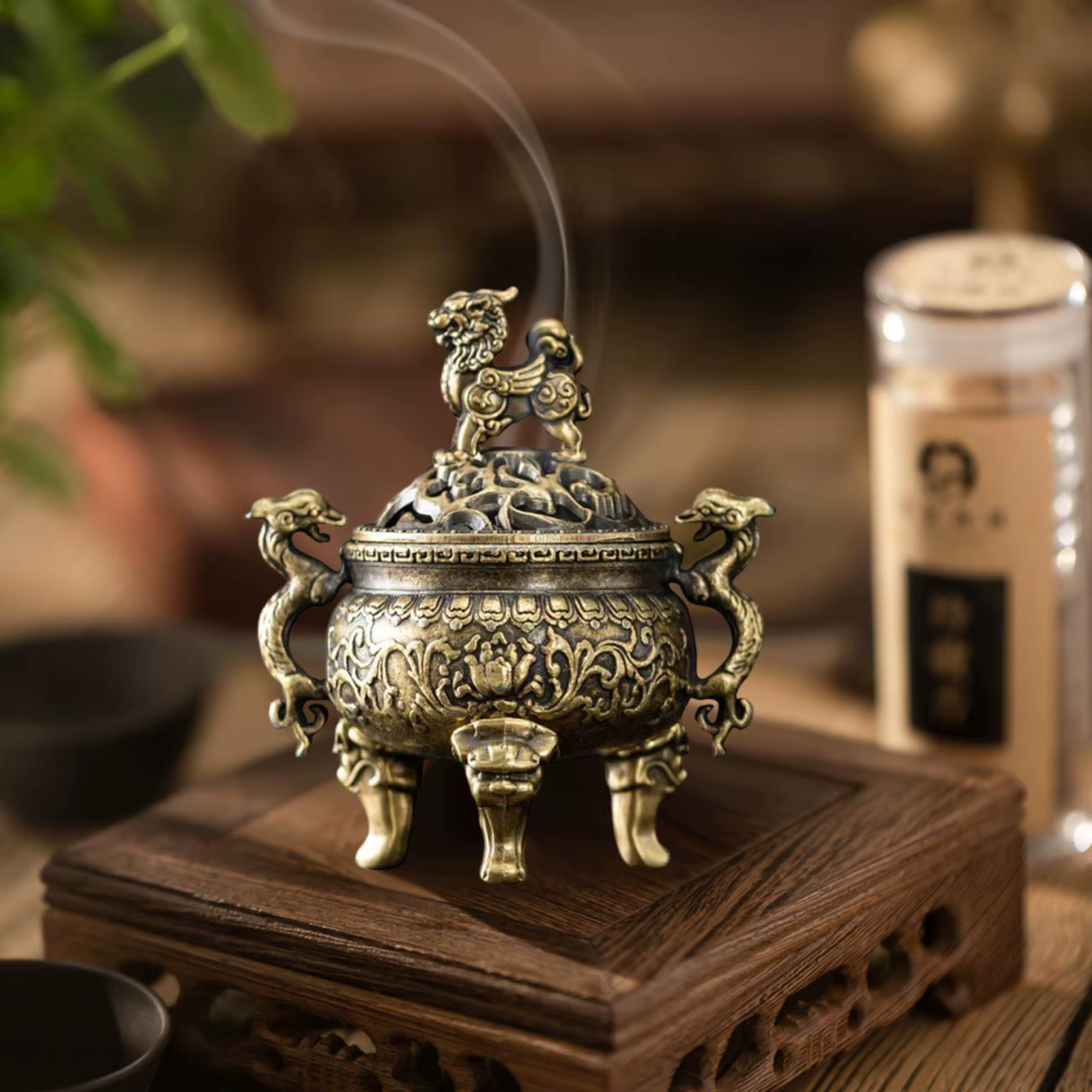Quemador Incienso Cobre con Asas León – Decoración Mesa Interior - imagen 2