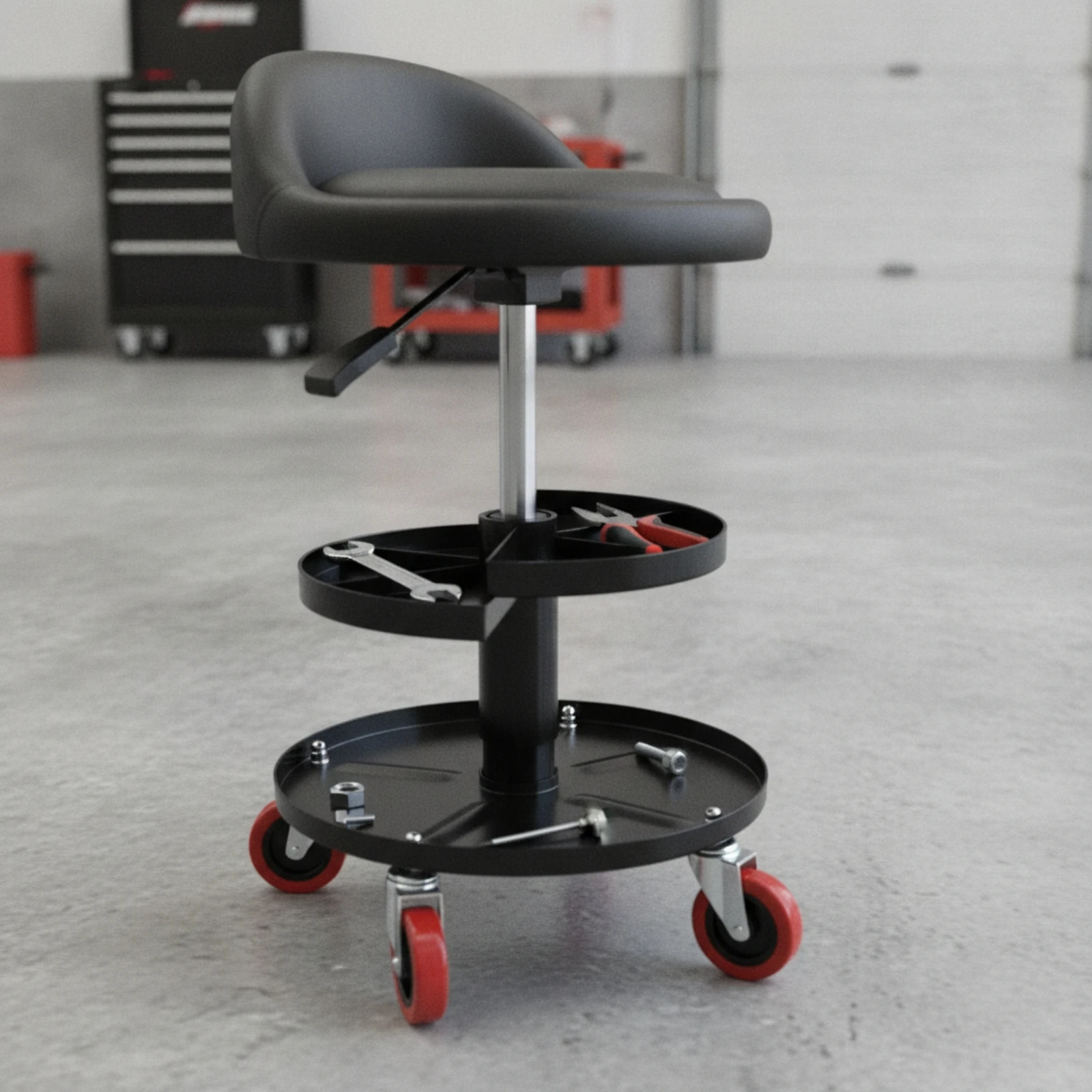 Taburete de taller ergonómico con ruedas y bandeja para herramientas - imagen 5