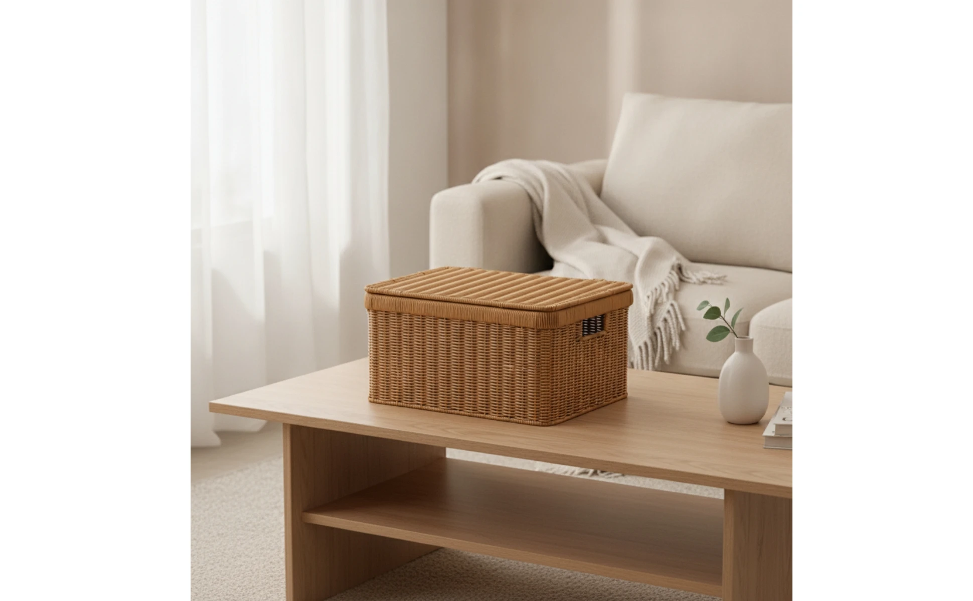 Cesta de almacenamiento rústica tejida con tapa beige