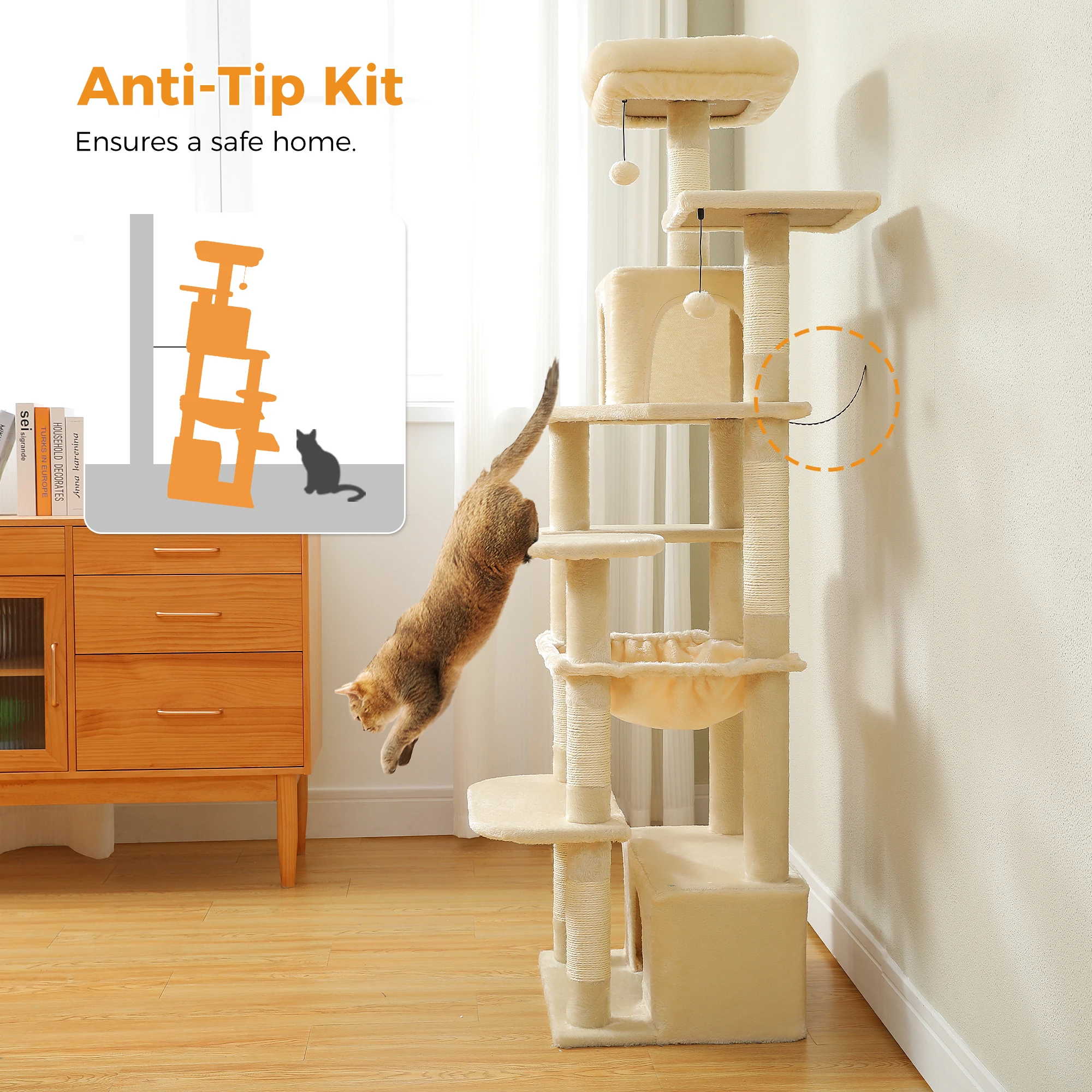 Árbol rascador para gatos alto con hamacas y postes rascadores - imagen 2
