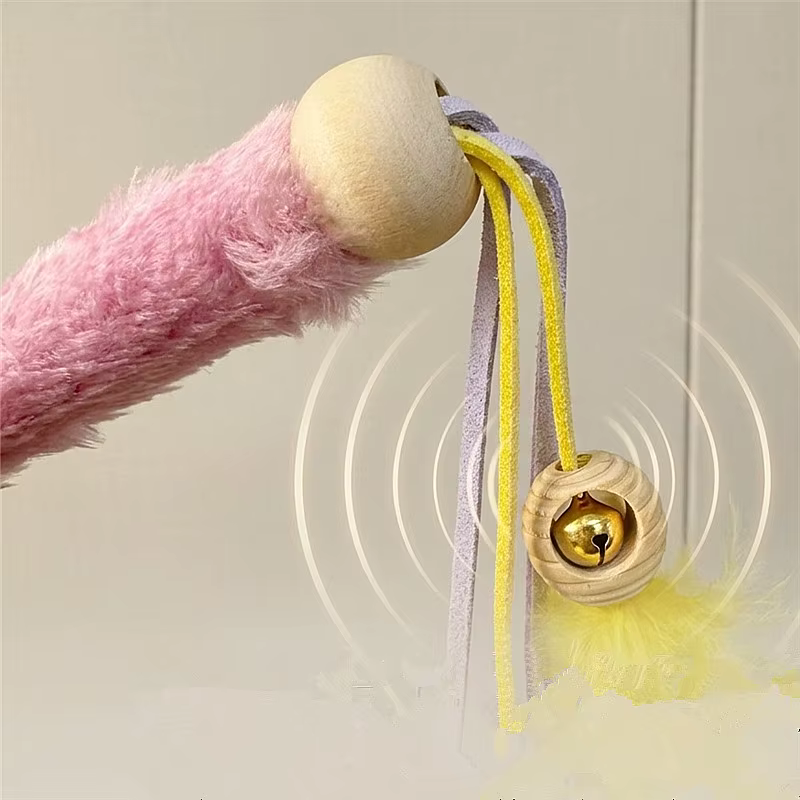 Caña con plumas y borlas para gatos – mango de felpa - imagen 2