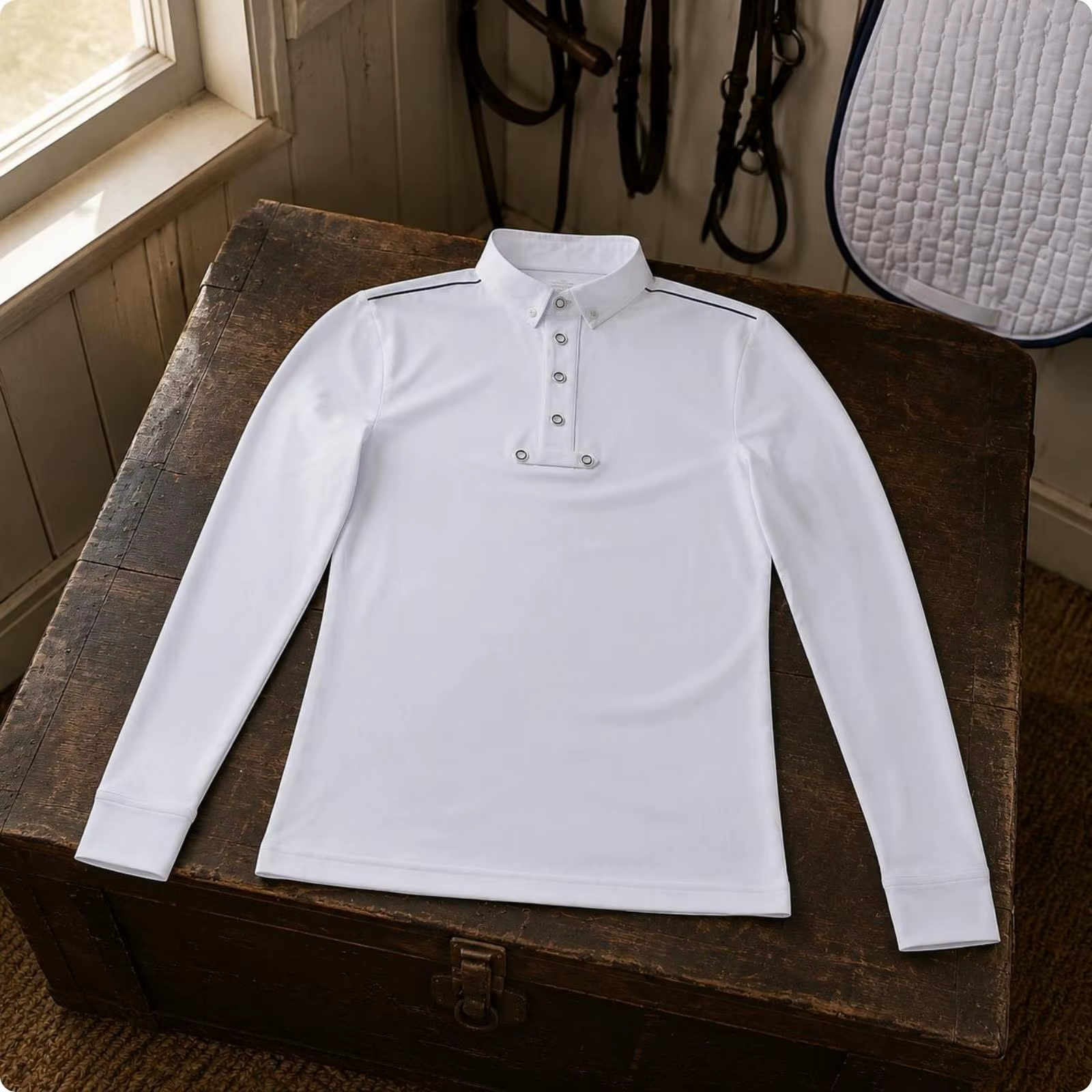 Polo ecuestre elástico de manga larga para hombre con cuello alto - imagen 3