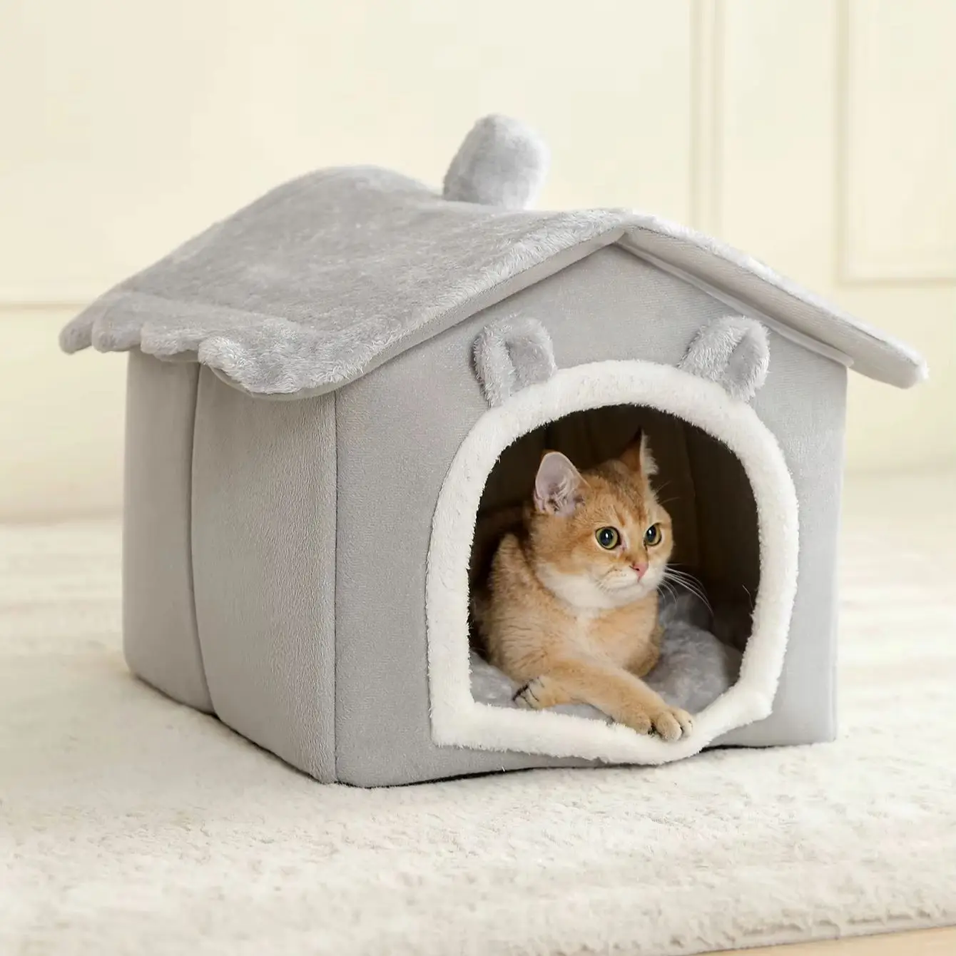 Cama cueva cálida de felpa con pompón para gatos y perros pequeños - imagen 5
