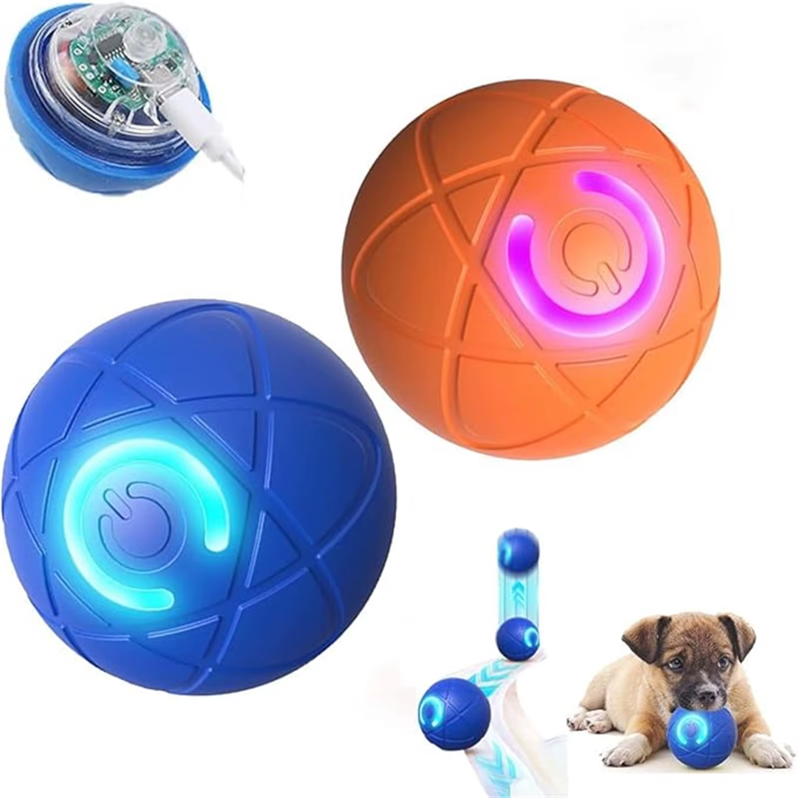 Pelota interactiva naranja y azul lado a lado