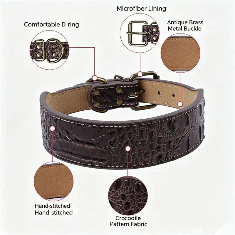 Collar acolchado ancho para perro con diseño cocodrilo y hebilla metal - imagen 4