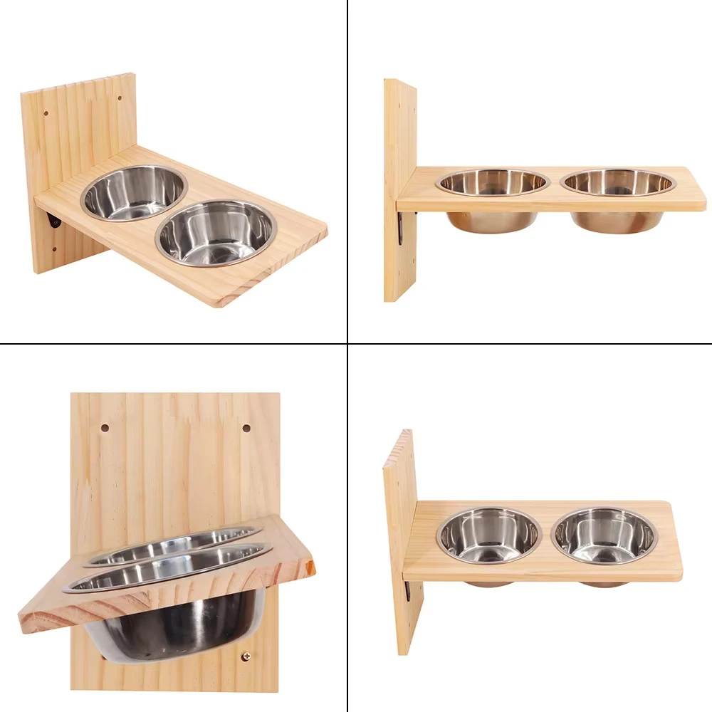 Comedero de pared para gatos con estante y tazones de acero