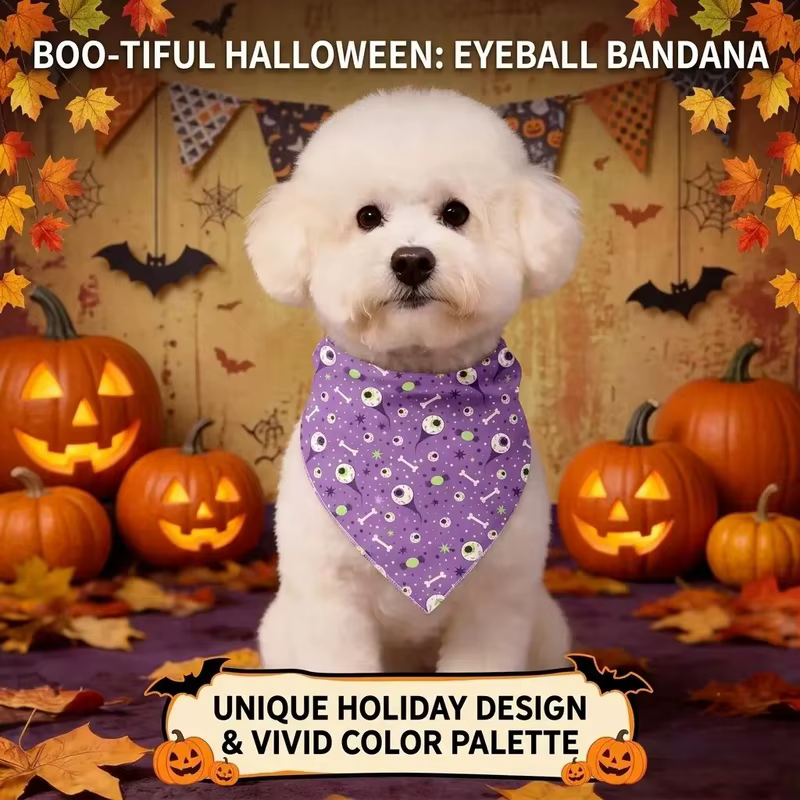 Pañuelo Triangular Morado para Perro y Gato – Diseño Halloween Ojos y Huesos