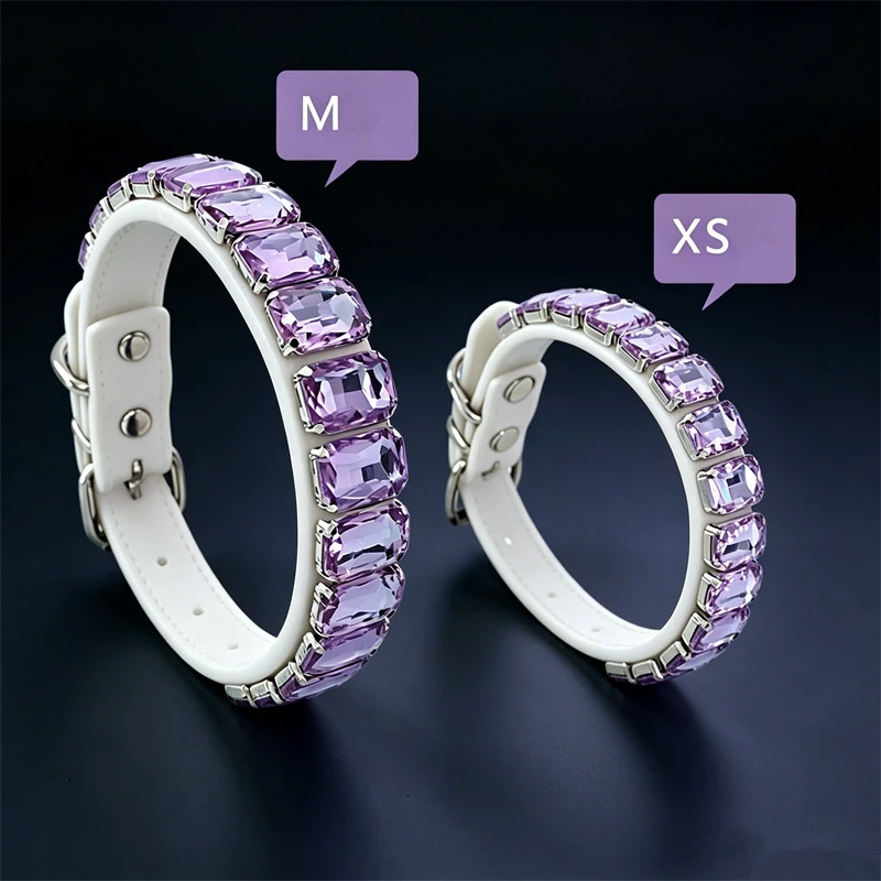 Collar de lujo con pedrería para perro y gato – Ajustable de cuero PU blanco con cristales - imagen 3