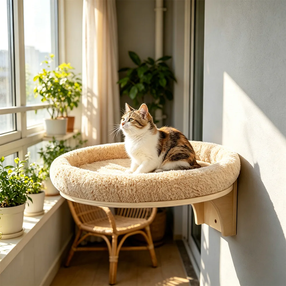 Posadera redonda para gatos: cama montada en pared con estante de madera - imagen 3