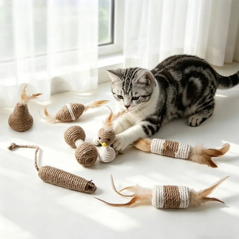 Juego de juguetes interactivos para gatos con pelota de sisal y plumas - imagen 5