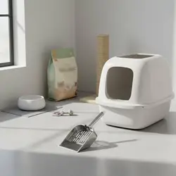 Pala metálica ergonómica para arena de gatos con orificios – Para caja automática