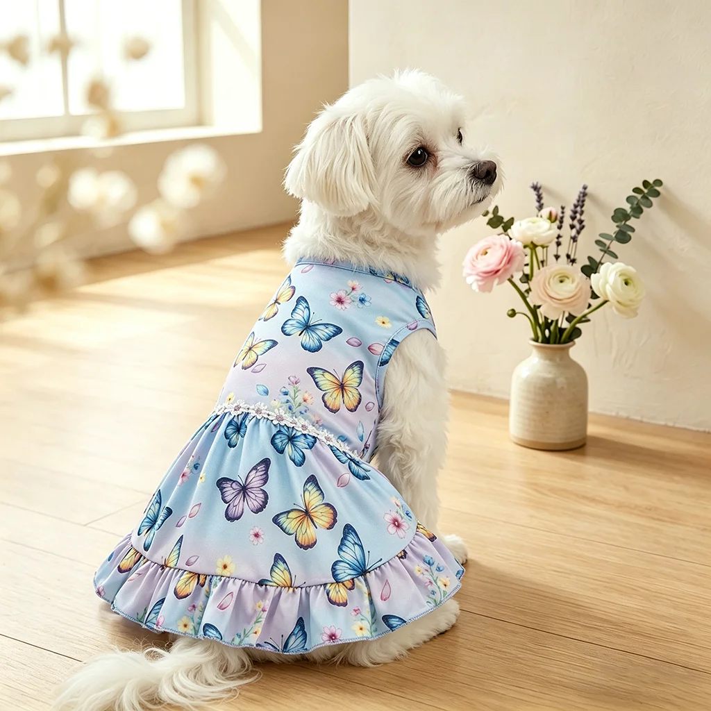 Mascota modelo luciendo el vestido en parque