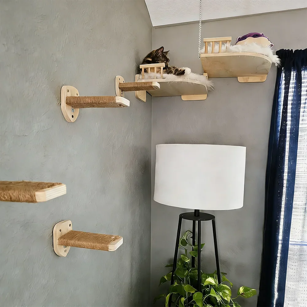 Árbol rascador de madera para gatos montado en pared completo