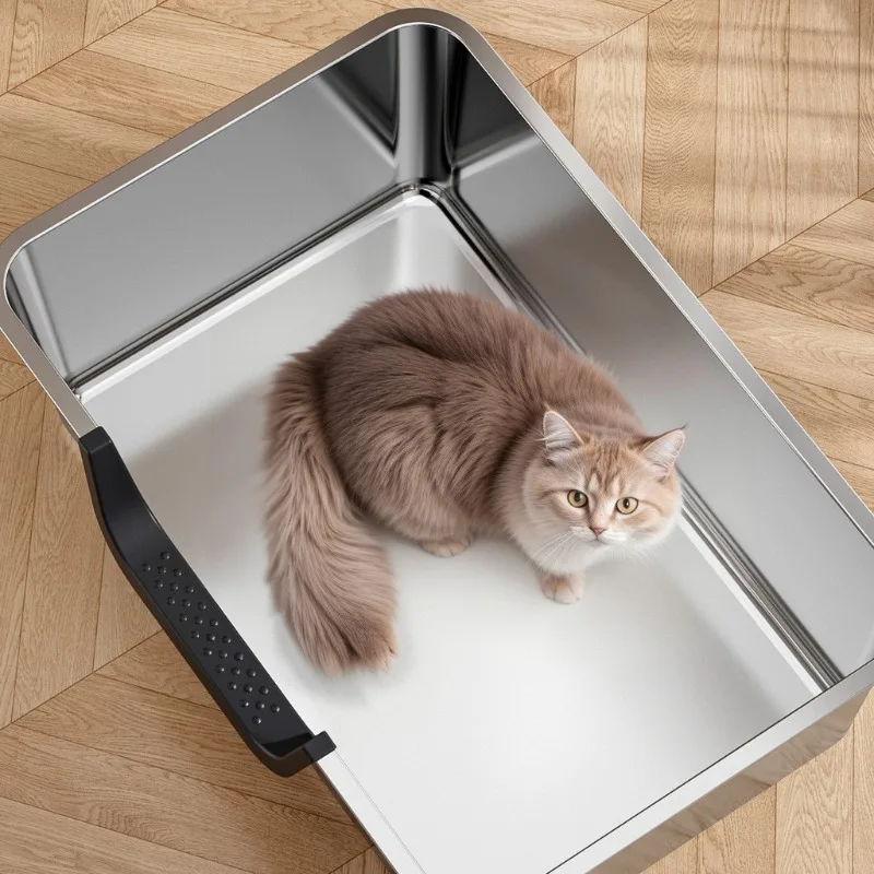 Caja de arena para gatos de acero inoxidable con pala integrada - imagen 4