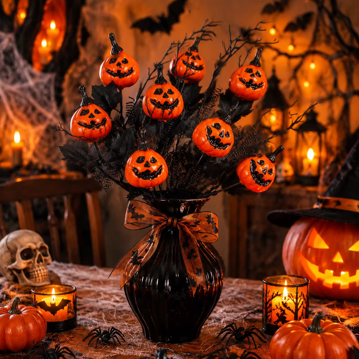 Arreglo floral calabaza negra Halloween – Decoración gótica jarrón - imagen 4