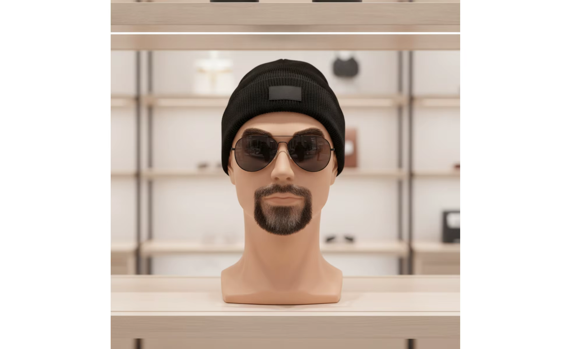 Cabeza de maniquí masculina calva en superficie de trabajo