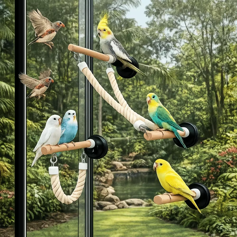 Columpio de ventosa con aves interactuando