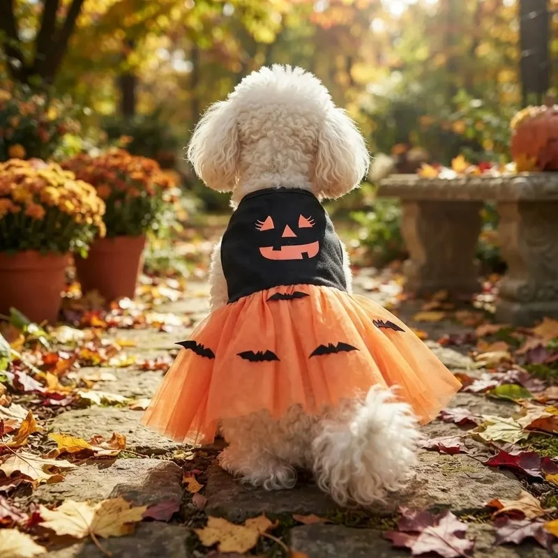 Traje Halloween calabaza para perro pequeño y mediano – Vestido naranja con tul - imagen 3